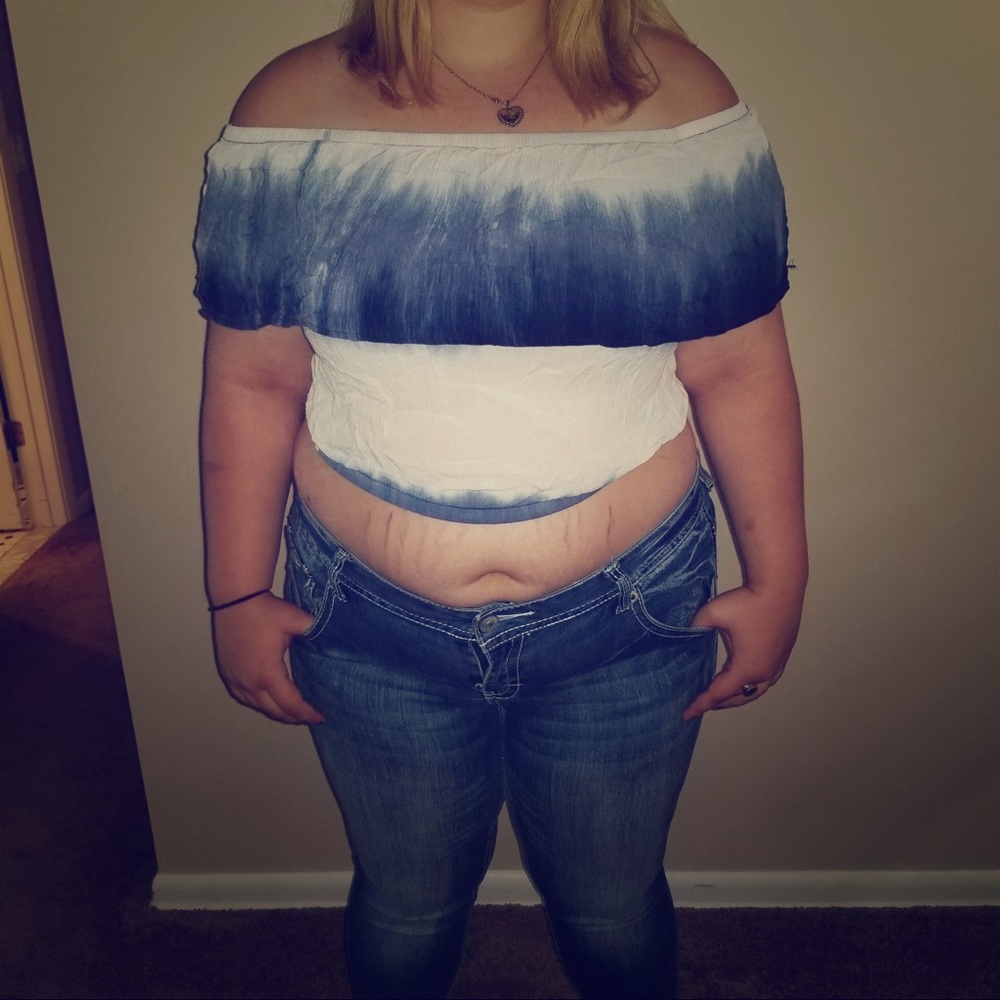 Blue and white off the shoulder crop top